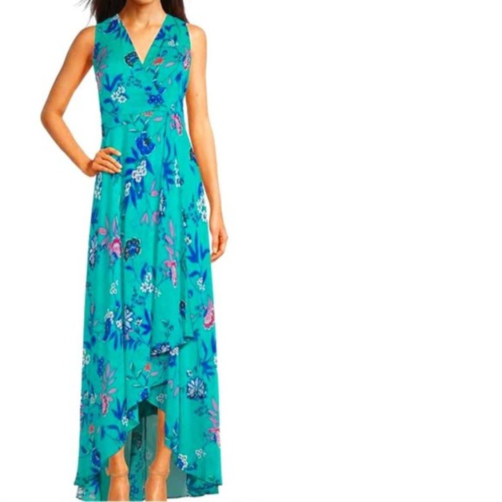 Calvin Klein Floral Print Cascade Ruffle Sleeveless High-Low Maxi Dress.NWT!